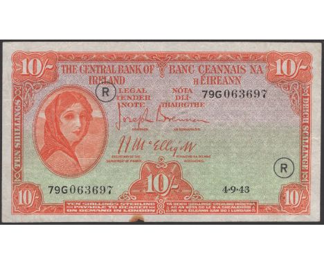 Central Bank of Ireland, 10 Shillings, 4 September 1943, serial number 79G 063697, War Code R, Brennan and McElligott signatu