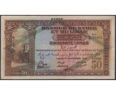 Banque de Syrie et du Liban, Syria, 50 Livres, 1 September 1939, serial number N/R 079,463, M. Berard and A.J. Laferriere sig
