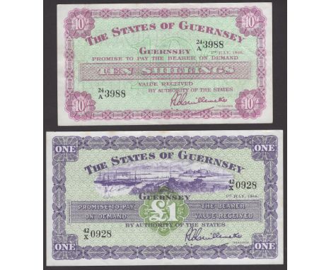 States of Guernsey, 10 Shillings, 1 July 1966, serial number 24/A 3988, £1, 1 July 1966, serial number 42/X 0928, Guillemette