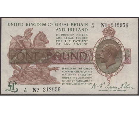 Treasury Series, Warren Fisher, £1, 30 September 1919, serial number K/81 212956, fresh and original paper, about extremely f