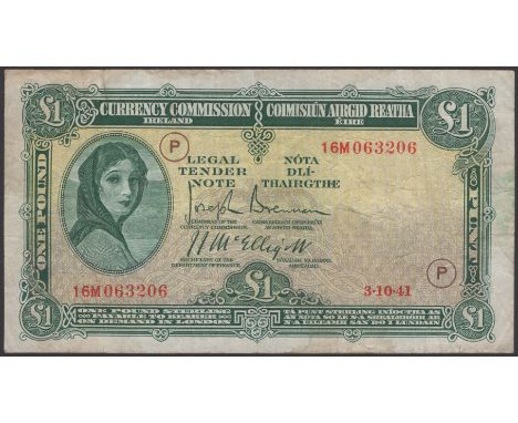 Currency Commission, Ireland, £1, 3 October 1941, serial number 16M 063206, War Code P, Brennan and McElligott signatures, or