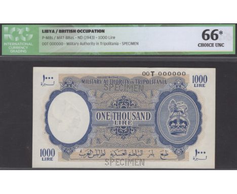 Military Authority in Tripolitania, specimen 1000 Lire, ND (1943), serial number 00T 000000, perforated SPECIMEN at low centr