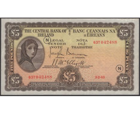 Central Bank of Ireland, £5, 3 February 1943, serial number 63T 042488, War Code N, Brennan and McElligott signatures, the fi
