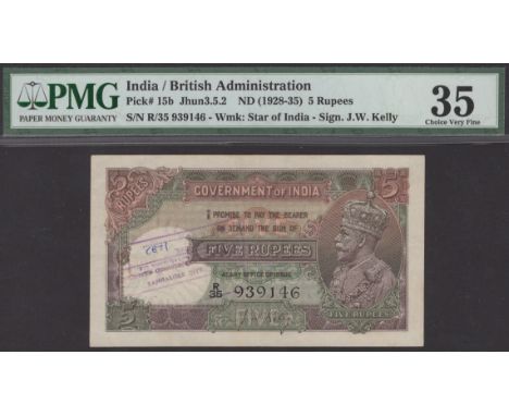 Government of India, 5 Rupees, ND (1928-1935), serial number R/35 939146, purple handstamps at left, in PMG holder number 35,