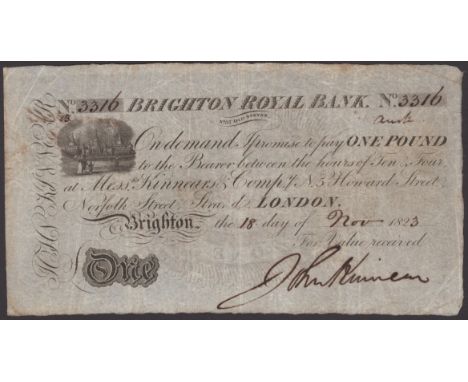 Brighton Royal Bank, for John Kinnear, £1, 18 November 1823, serial number 3316, manuscript signature of John Kinnear, nice c