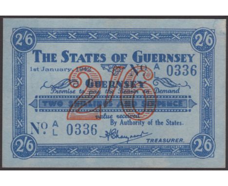 States of Guernsey, 2 Shillings and 6 Pence, 1 January 1942, serial number A/L 0336, H.E. Marquand signature, ink has bled at