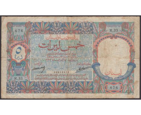 Banque de Syrie et du Liban, Lebanon, 5 Livres, 1939, serial number R.33 676, M. Berard and A.J. Laferriere signatures, origi