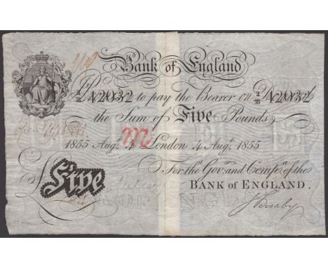 Bank of England, Matthew Marshall, £5, 4 August 1855, serial number I/R 42032, cut and rejoined, red ‘m’ handstamp on obverse