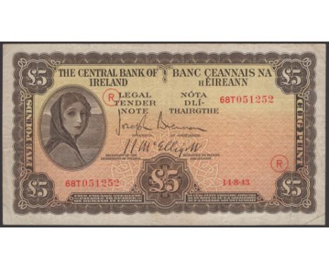 Central Bank of Ireland, £5, 14 August 1943, serial number 68T 051252, War Code R, Brennan and McElligott signatures, the fir