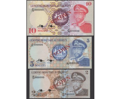 Lesotho Monetary Authority, specimen 2, 5 and 10 Maloti, ND (1979), serial numbers R/79, J/79 and C/79 000000, red SPECIMEN o