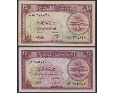Republique Libanaise, 25 Piastres (2), 1948 and 1950, serial numbers 378021 and 785780, first toned and with one pinhole, ori