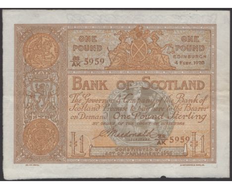 Bank of Scotland, £1, 4 February 1920, serial number 88/AK 5959, Macdonald signature, fresh and original paper, pencil numera