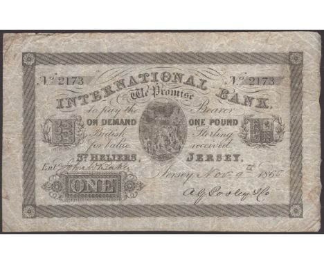 International Bank, Jersey, £1, 9 November 1865, serial number 2173, manuscript signature at low right, original about very f