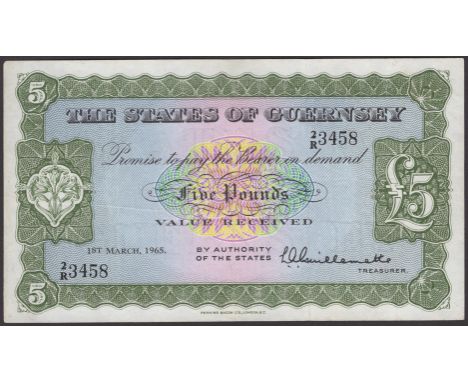 States of Guernsey, £5, 1 March 1965, serial number 2/R 3458, Guillemette signature, a presentable very fine  BNYB GU 41, Pic