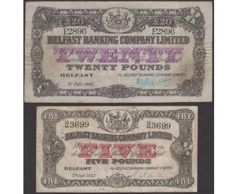 Belfast Banking Company Limited, £5, 7 September 1927, serial number B/Q 3699, manuscript Keith signature and £20, 3 February