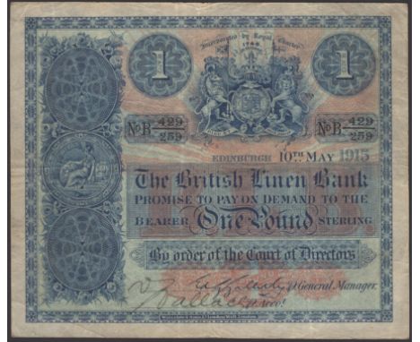 British Linen Bank, £1, 10 May 1915, serial number B 429/259, Galletly signature with one additional manuscript signature, a 