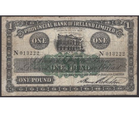 Provincial Bank of Ireland Ltd, £1, 6 May 1929, serial number N 013222, Roberston signature, one pinhole, about fine, the fir