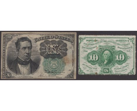 United States Fractional Currency, 10 Cents, 17 July 1862, perforated edges, no monogram, also 10 Cents, 1874, green seal, fi