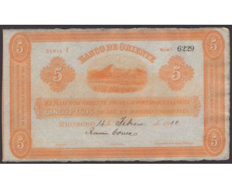 Banco de Oriente, Columbia, remainder for 5 Pesos, 14 February 1888, serial number 6229, vibrant orange print, one manuscript