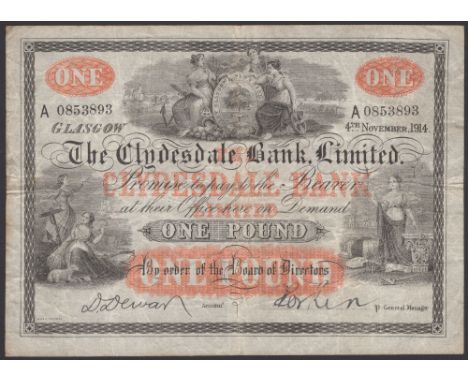 Clydesdale Bank Limited, £1, 4 November 1914, serial number A0853893, Dewar signature and an additional manuscript signature,