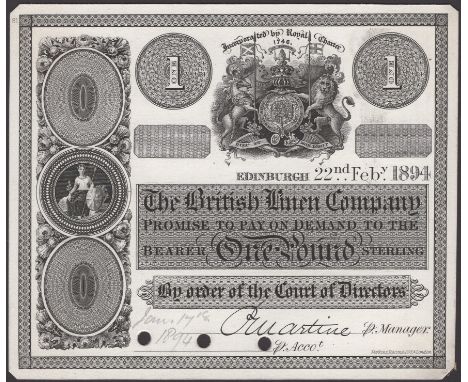 British Linen Company, proof £1 on card, 22 February 1894, no signature or serial numbers, three small cancellation holes, pe