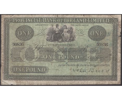 Provincial Bank of Ireland Ltd, £1, 1 November 1920, serial number 90836, manuscript signature, very good, but the first of o