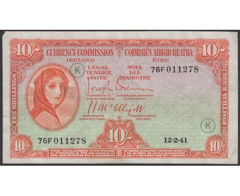 Currency Commission, Ireland, 10 Shillings, 12 February 1941, serial number 76F 011278, Brennan and McElligott signatures, Wa