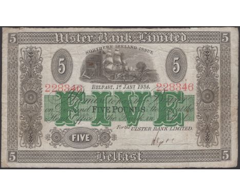 Ulster Bank Limited, £5, 1 January 1934, serial number 228346, manuscript Gore signature, original good fine PMI UB 48b, Pick