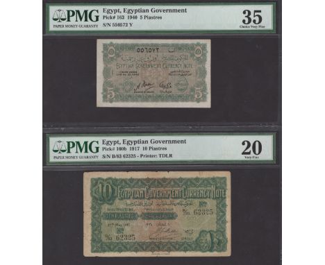 Egyptian Government Currency Note, 10 Piastres (2), 27 May 1917, prefixes A/45 and B/83, 5 Piastres (2), 1940, serial number 