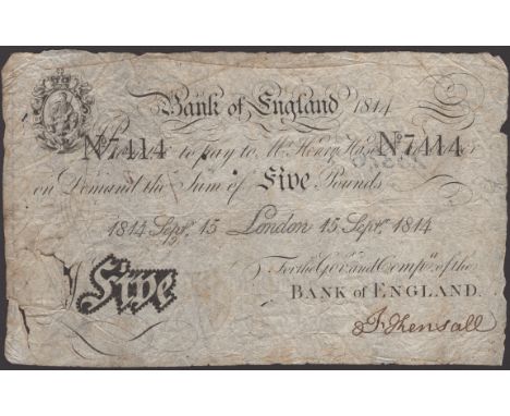 Bank of England, Henry Hase, £5, 15 September 1814, printed serial number 7414, manuscript signature low right, pinholes, som