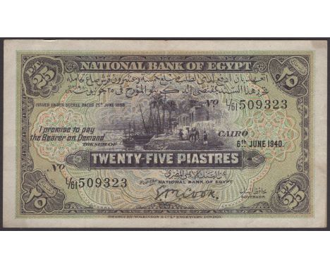 National Bank of Egypt, 25 Piastres, 6 June 1940, serial number L/61 509323, Cook signature, this is the first date and prefi