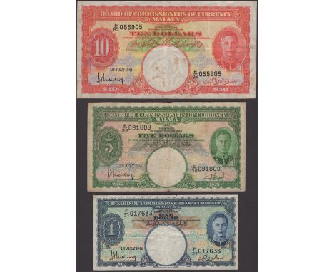 Board of Commissioners of Currency Malaya, $1, $5 and $10, 1 July 1941, serial numbers F/31 017633, E/38 091809 and H/82 0559