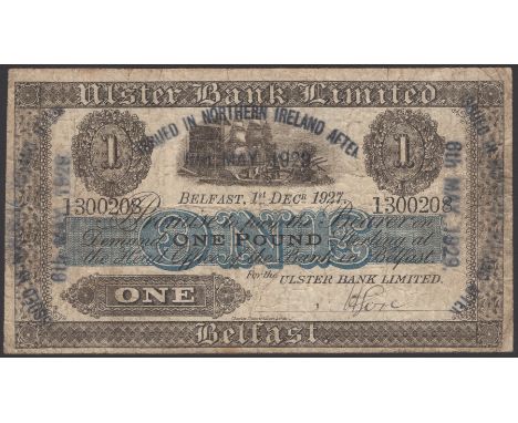 Ulster Bank Limited, £1, 1 December 1927, serial number 1300208, manuscript Gore signature, rubber stamp overprint ISSUED IN 