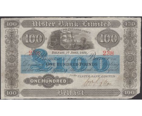 Ulster Bank Limited, £100, 1 June 1929, serial number 238, manuscript Patton signature, original paper, low right corner tip 