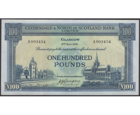 Clydesdale & North of Scotland Bank Limited, £100, 2 May 1951, serial number A 003454, Campbell signature, light central fold