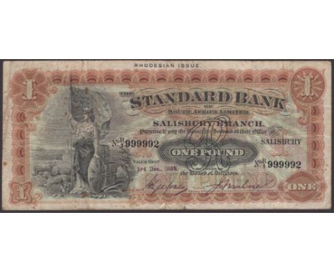 Standard Bank of South Africa Limited, Rhodesia, £1, 3 December 1932, serial number R/1 999992, original paper, a couple of m