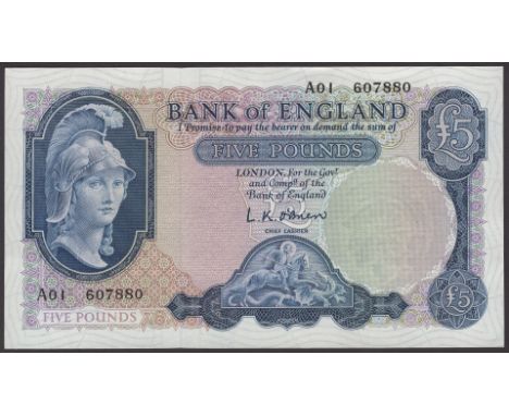 Bank of England, Leslie K. O’Brien, £5, 21 February 1957, serial number A01 607880, extremely light horizontal fold thus abou