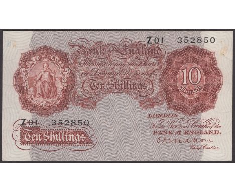 Bank of England, Cyril P. Mahon, 10 Shillings, 22 November 1928, serial number Z01 352850, glue residue, about extremely fine