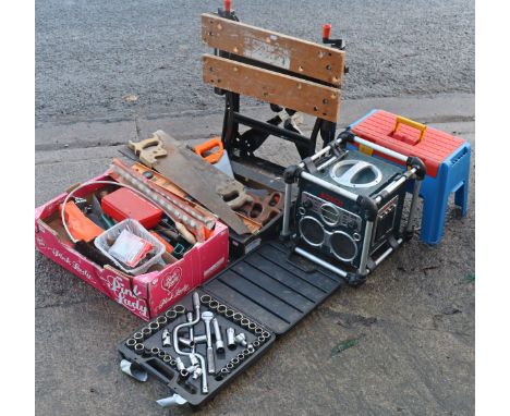 A Bosch charger; battery bay; a workmate; &amp; various hand tools &amp; accessories.