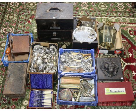 Various items of platedware &amp; cutlery; brass ceiling light fittings; two metal storage boxes; &amp; sundry other items.