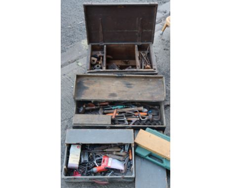 Four vintage wooden tool chests containing numerous hand tools &amp; accessories.