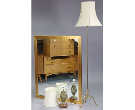 A large gilt frame rectangular wall mirror, 101.5cm x 127cm; together with a brass standard lamp; &amp; a table lamp, each wi