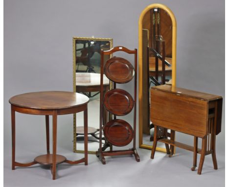 A mahogany Sutherland table on square legs with ceramic castors, 60.5cm wide x 59.5cm high; an inlaid mahogany circular two-t