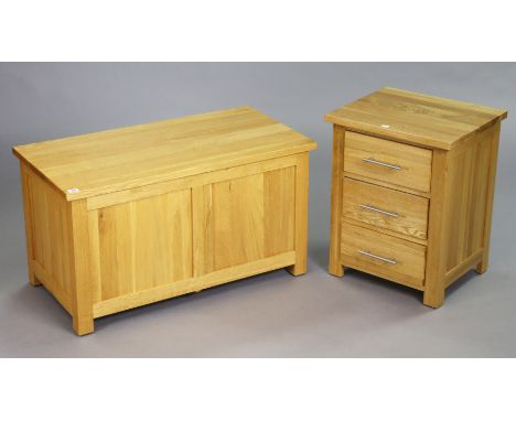 A light oak three-drawer bedside chest, 47cm wide x 60.5cm high; &amp; a similar blanket box, 90cm wide x 50cm high.