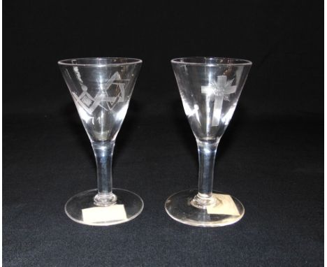 MASONIC INTEREST: TWO TRUMPET SHAPED WINE GLASSES  one engraved with Star of David and square and compass above '471' (Siluri