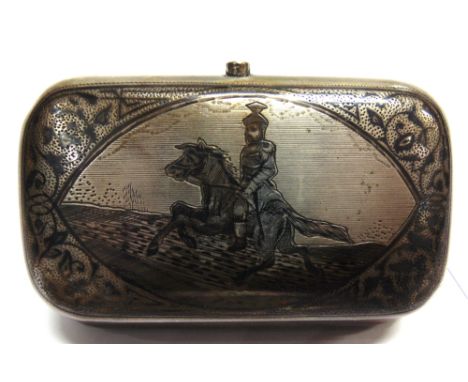 A LATE 19TH CENTURY RUSSIAN SILVER AND NIELLO OBLONG CIGARETTE CASE the front with a banner 'KABKA3b' and an oval reserve wit