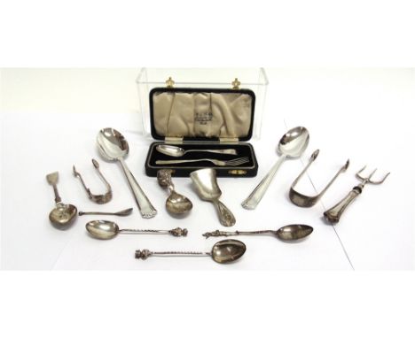 A COLLECTION OF MISCELLANEOUS SILVER FLATWARE to include a Victorian engraved old English sugar tongs, London 1878 by GW Adam