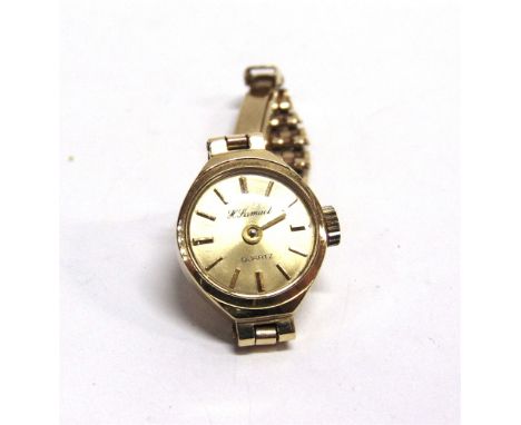 H, SAMUEL, QUARTZ, A LADYS 9CT GOLD BRACELET WATCH round brushed golden dial with raised baton numerals and hands, round two-