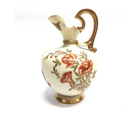 A LARGE ROYAL WORCESTER IVORY GROUND EWER  with floral enamelled and gilt decoration, pattern 1227, impressed and puce printe