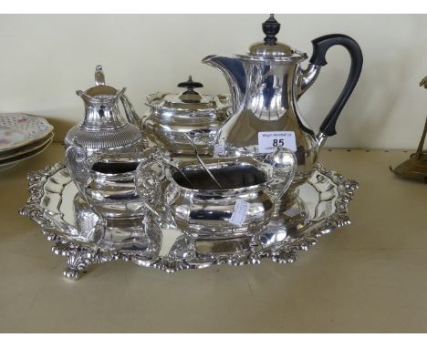 A three piece silver-plated tea set, raised on pad feet, a Walker & Hall silver-plated hot water jug, the jug with chased dec